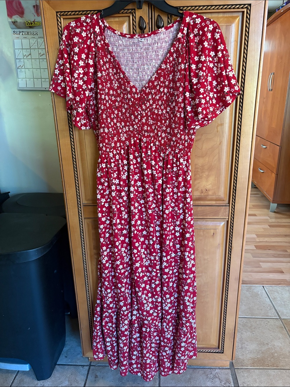 Amazon Red Floral Maxi Dress with White Blossoms